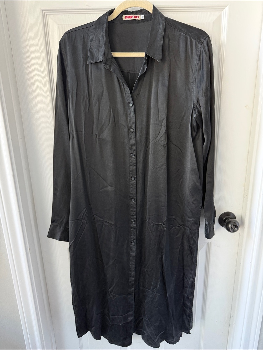 Johnny Was 100% Silk Black Long Sleeve Button-Front Shirt Dress
